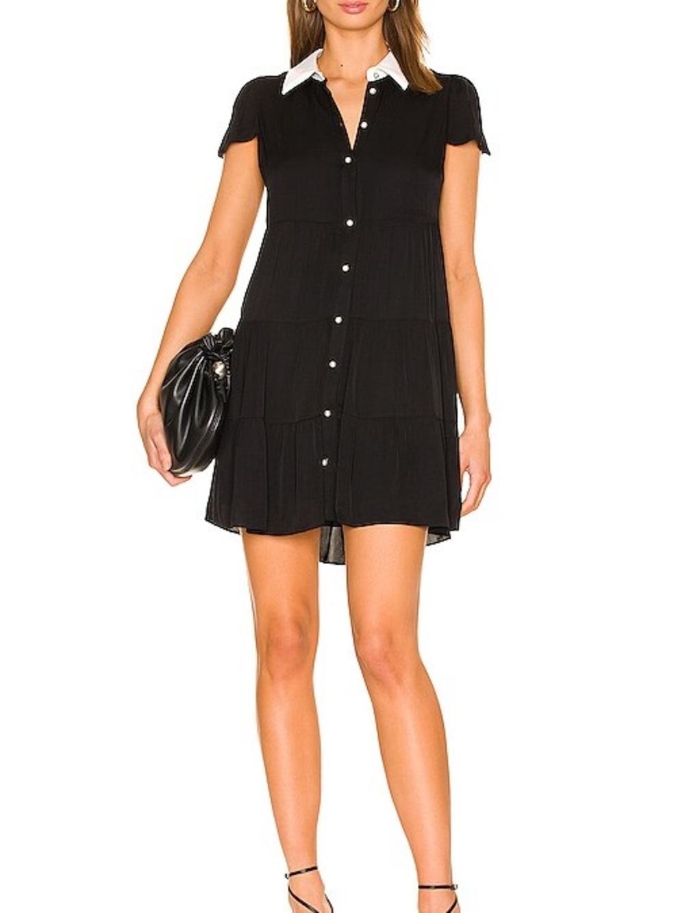 Alice + Olivia Black Short-Sleeve Tiered Shirt Dress with White Collar